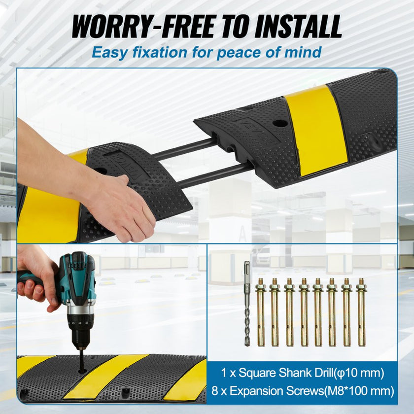 VEVOR 2PCs 6 ft/72'' Rubber Speed Hump, 2 Channel, 22000 lbs Capacity Heavy Duty Traffic Speed Bump, with High Reflective Yellow Strip 8 Expansion Screws and 1 Drill, for Asphalt Concrete Gravel Roads