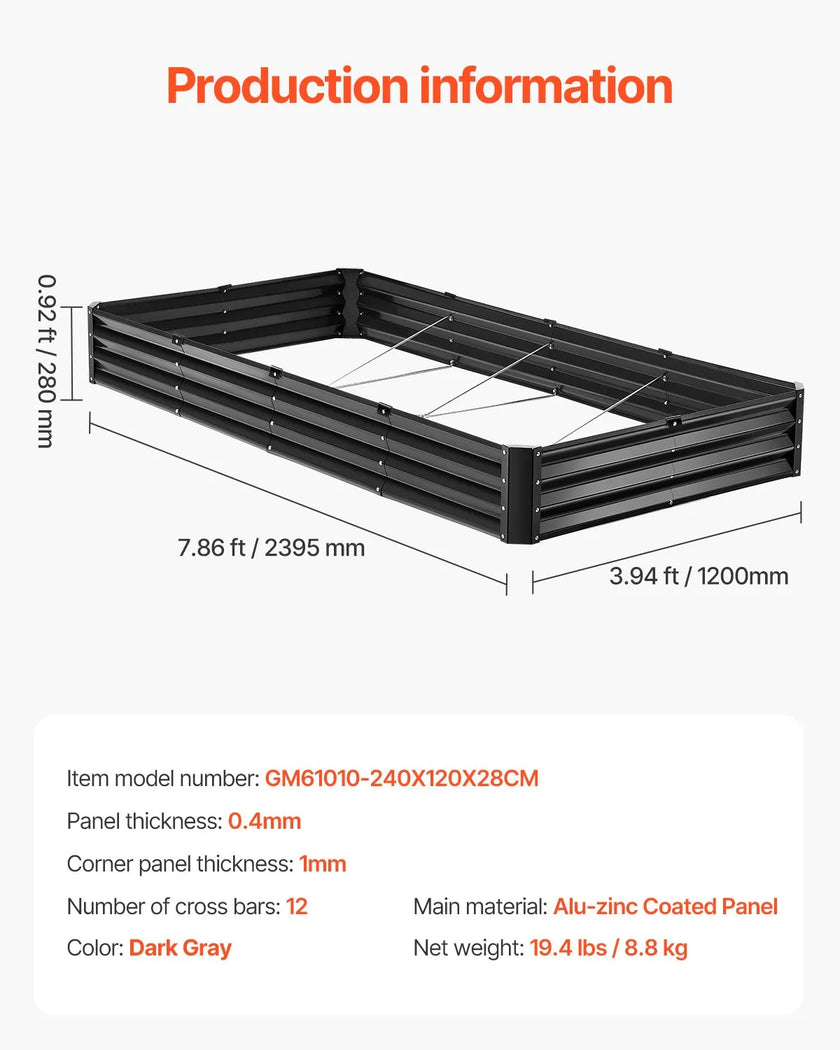 VEVOR Metal Raised Garden Bed 8x4x1 ft Outdoor Galvanized Planter Box Dark Gray