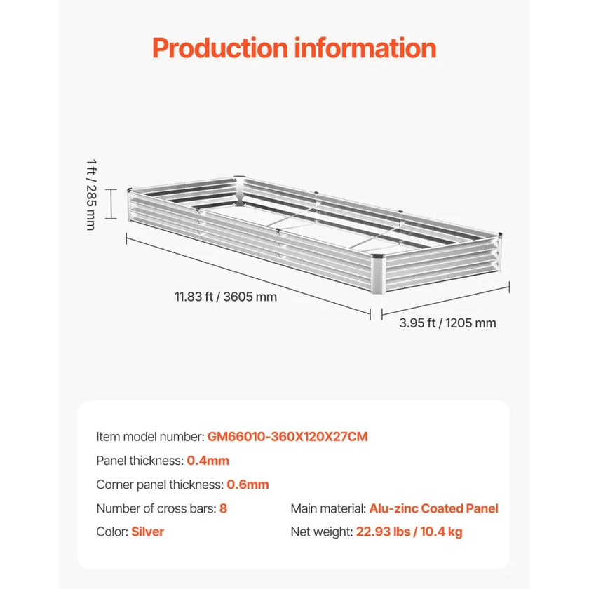 VEVOR Metal Raised Garden Bed 12x4x1 ft Outdoor Galvanized Planter Box Silver
