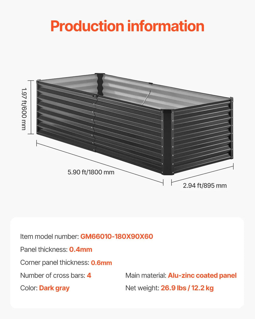 VEVOR Metal Raised Garden Bed 6x3x2ft Outdoor Galvanized Planter Box Dark Gray