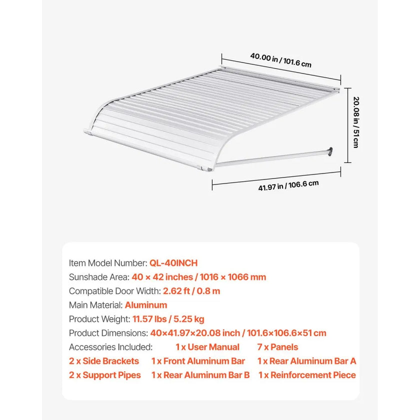 VEVOR Window Awning Door Canopy 40x42 in Aluminum Alloy Front Door Awnings