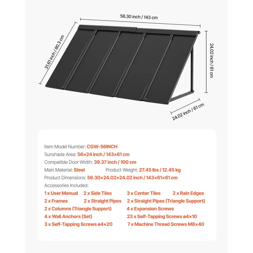 VEVOR Window Awning Door Canopy 56x24 in Outdoor Patio Steel Front Door Awnings