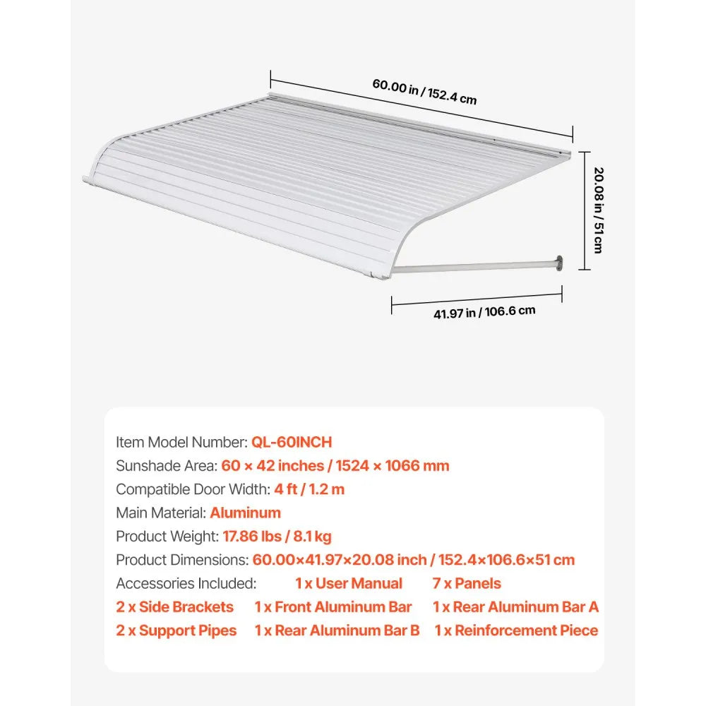 VEVOR Window Awning Door Canopy 60x42 in Aluminum Alloy Front Door Awnings