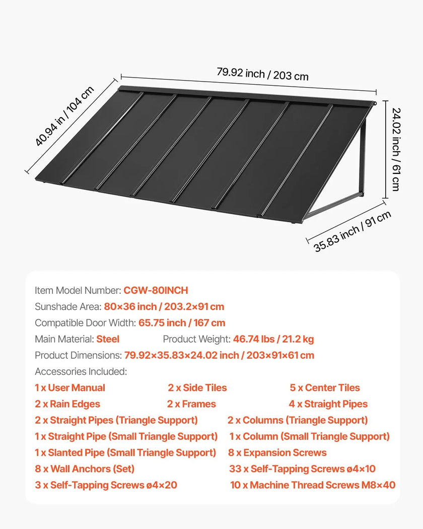 VEVOR Window Awning Door Canopy 80x36 in Outdoor Patio Steel Front Door Awnings