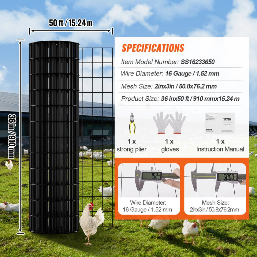 VEVOR Hardware Cloth, 36'' x 50' Galvanized Wire Mesh Roll, 16 Gauge Chicken Wire Fence Roll, Vinyl Coating Metal Wire Mesh for Chicken Coop Barrier, Rabbit Snake Fences, Poultry Enclosures