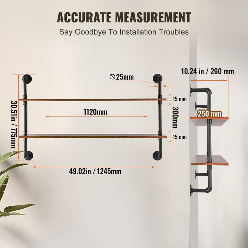 VEVOR Industrial Pipe Shelf 2 Tier 48x 9.84in Wall-Mount for Kitchen Bedroom
