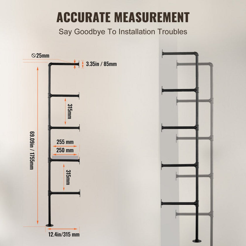 VEVOR Industrial Pipe Shelf 5 Tier 2PCS 9.84in W Wall-Mount Planks NOT Included