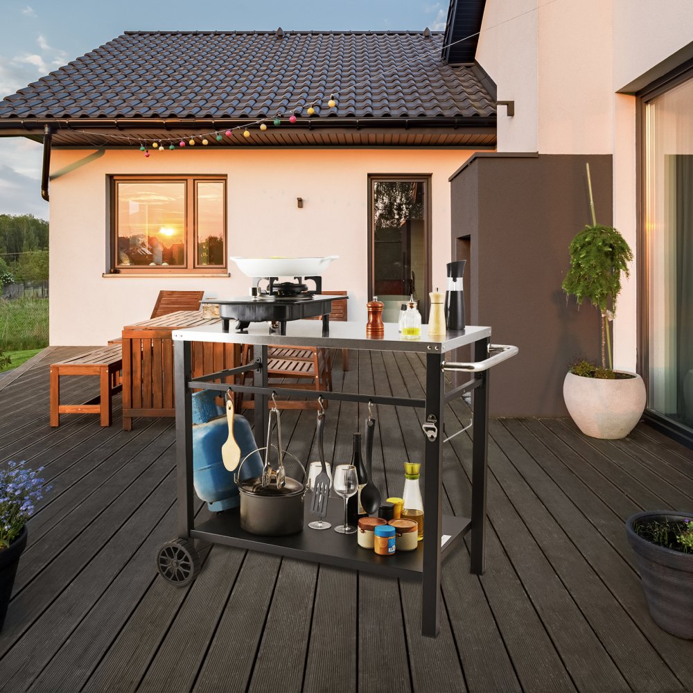 VEVOR Outdoor Grill Dining Cart with Double-Shelf, BBQ Movable Food Prep Table, Multifunctional Stainless Steel Table Top, Portable Modular Carts for Pizza Oven, Worktable with 2 Wheels, Carry Handle
