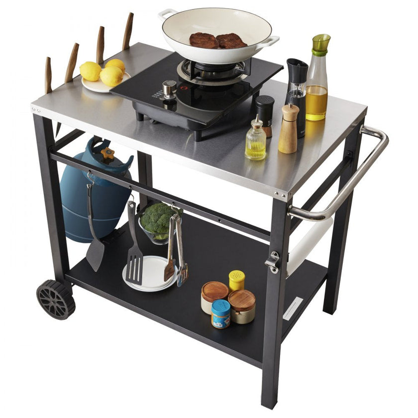VEVOR Outdoor Grill Dining Cart with Double-Shelf, BBQ Movable Food Prep Table, Multifunctional Stainless Steel Table Top, Portable Modular Carts for Pizza Oven, Worktable with 2 Wheels, Carry Handle