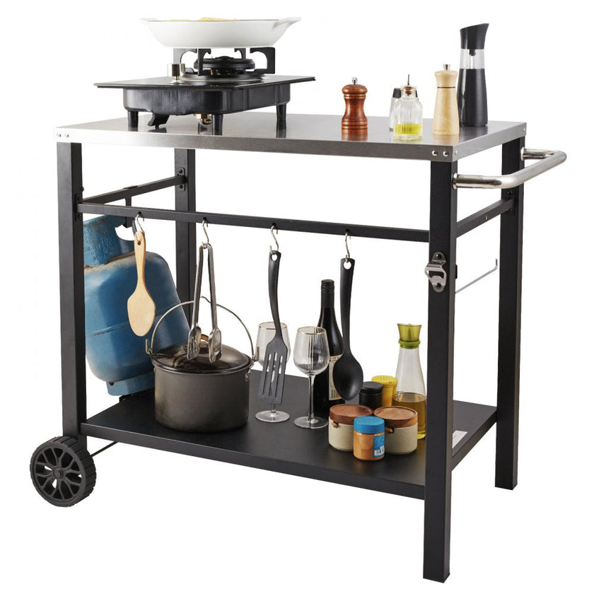 VEVOR Outdoor Grill Dining Cart with Double-Shelf, BBQ Movable Food Prep Table, Multifunctional Stainless Steel Table Top, Portable Modular Carts for Pizza Oven, Worktable with 2 Wheels, Carry Handle