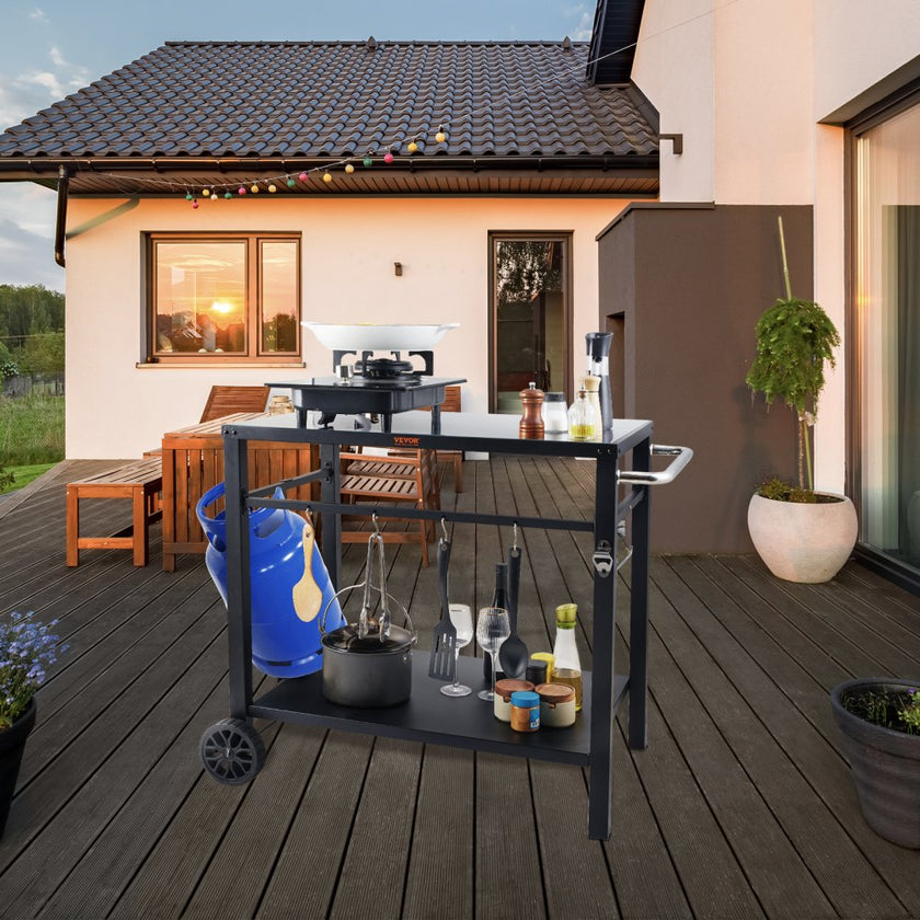 VEVOR Outdoor Grill Dining Cart with Double-Shelf, BBQ Movable Food Prep Table, Multifunctional Iron Table Top, Portable Modular Carts for Pizza Oven, Worktable with 2 Wheels, Carry Handle, Black