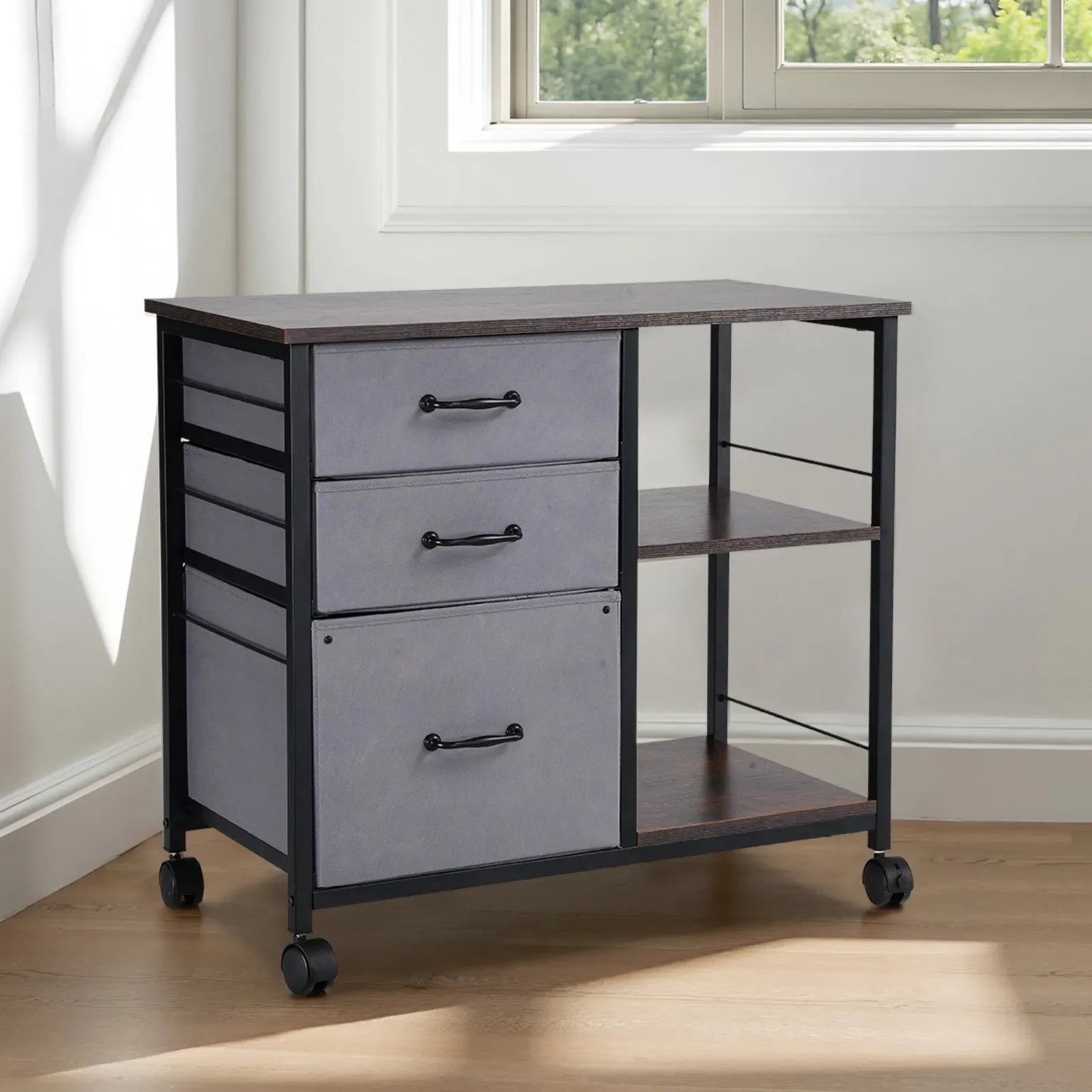 VEVOR Mobile Metal File Cabinet with 3 Fabric Drawers and 2 Open Shelves Brown