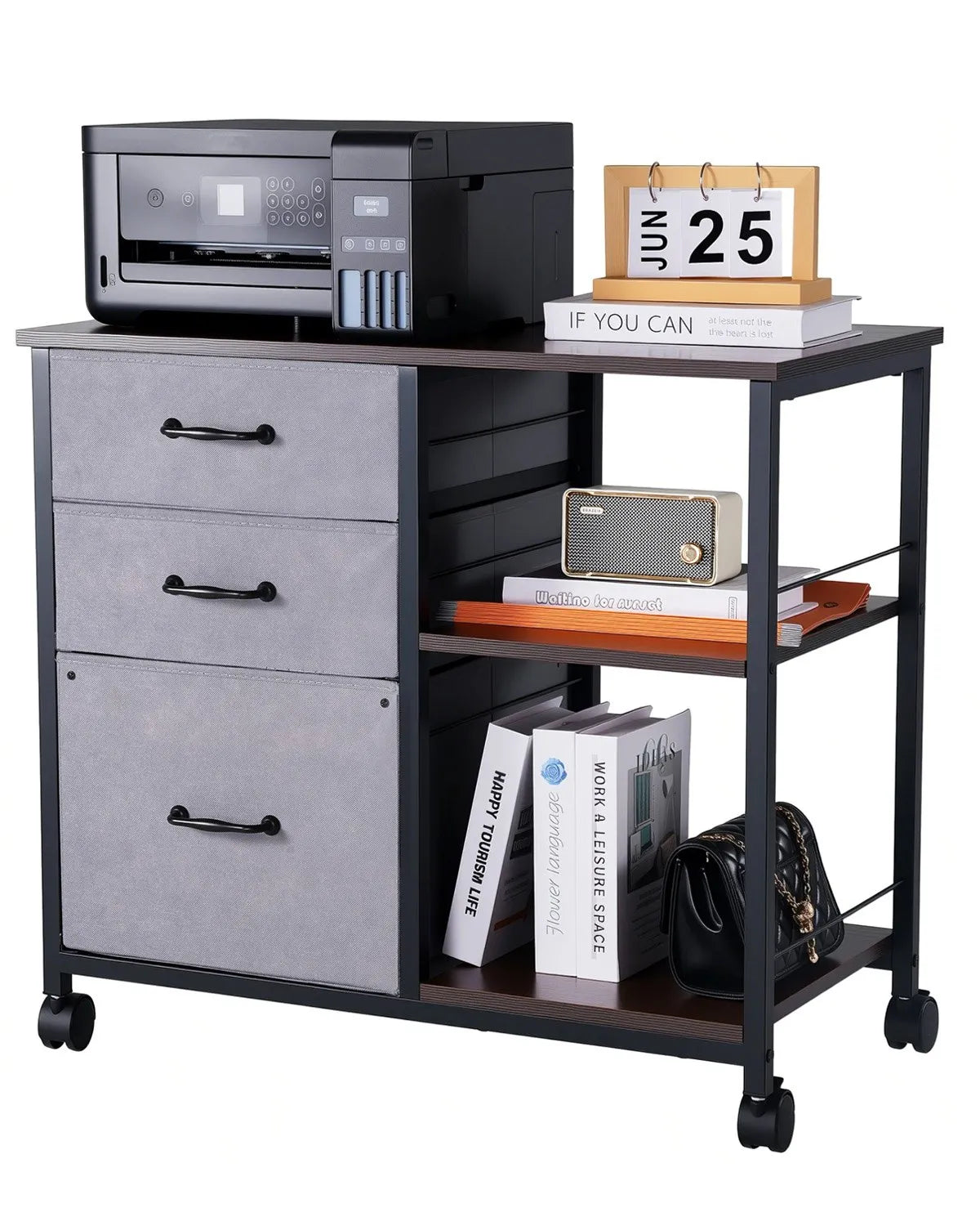 VEVOR Mobile Metal File Cabinet with 3 Fabric Drawers and 2 Open Shelves Brown