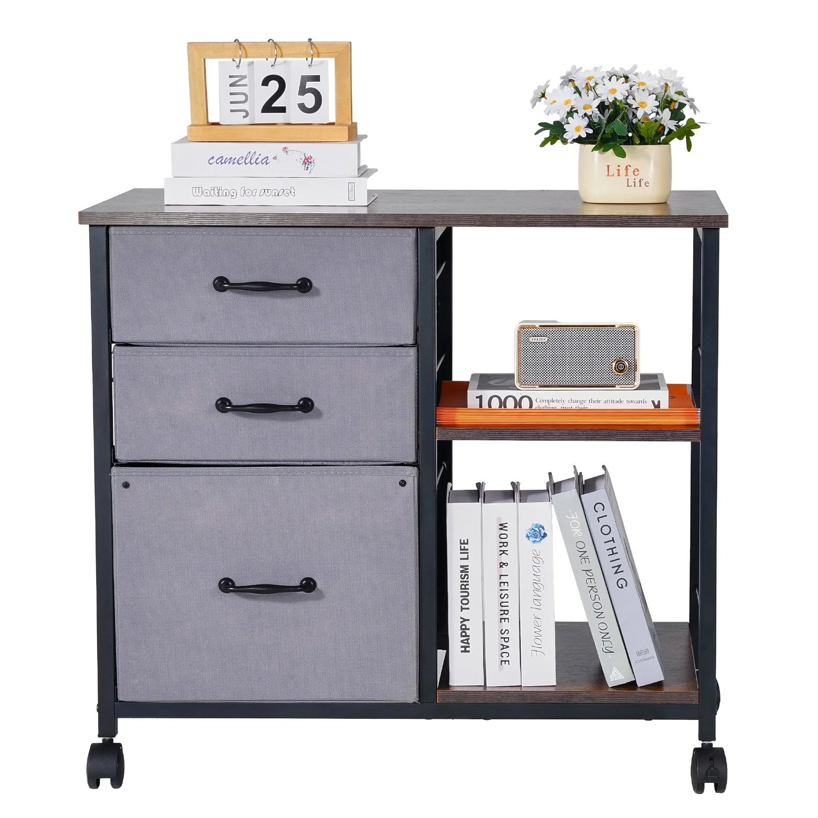 VEVOR Mobile Metal File Cabinet with 3 Fabric Drawers and 2 Open Shelves Brown