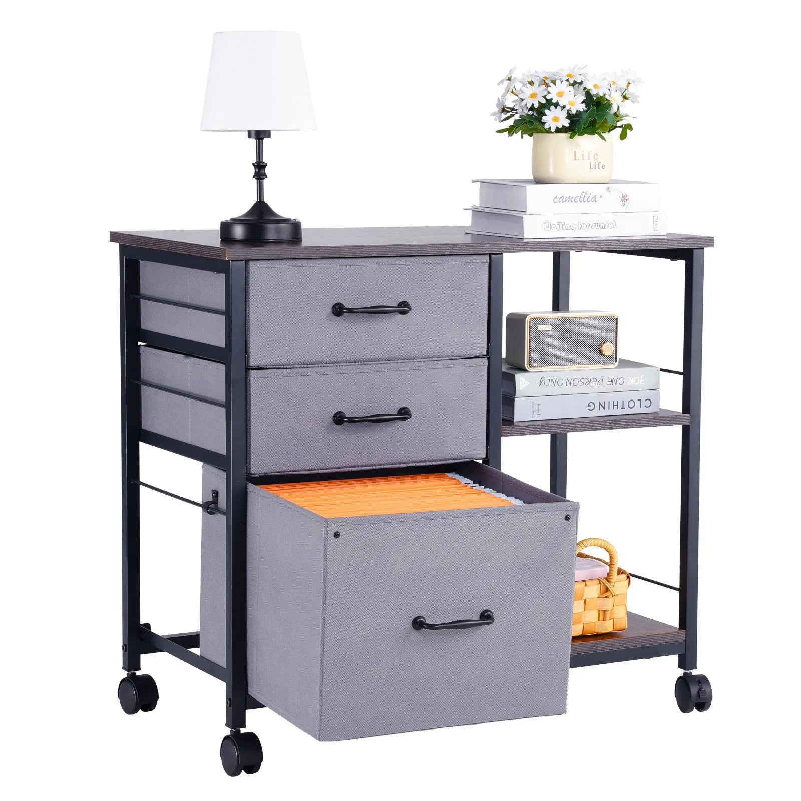VEVOR Mobile Metal File Cabinet with 3 Fabric Drawers and 2 Open Shelves Brown