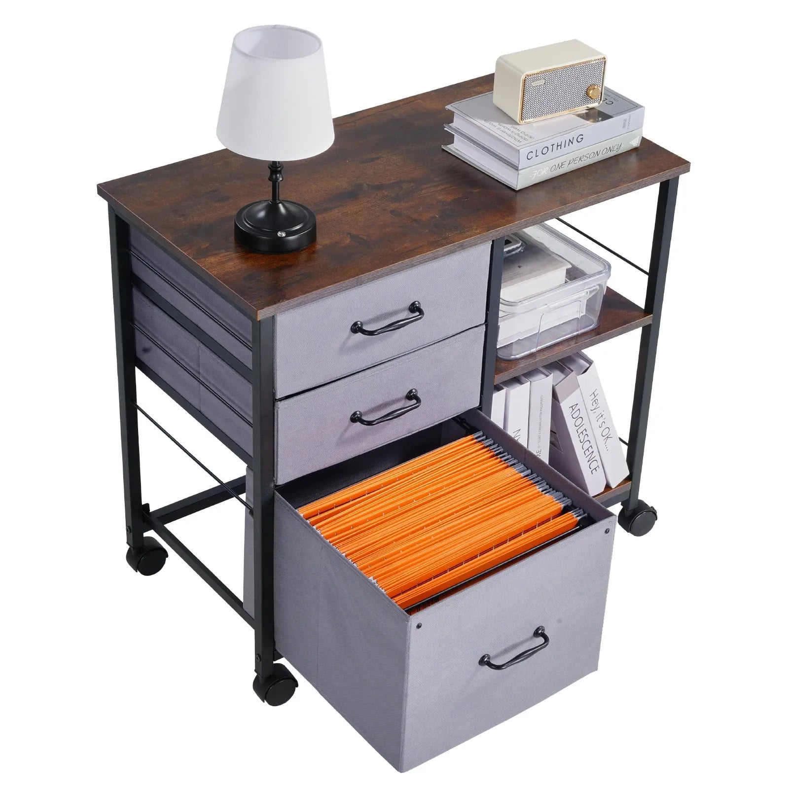 VEVOR Mobile Metal File Cabinet with 3 Fabric Drawers and 2 Open Shelves Brown