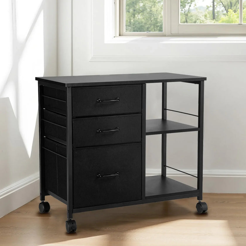 VEVOR Mobile Metal File Cabinet with 3 Fabric Drawers and 2 Open Shelves Black