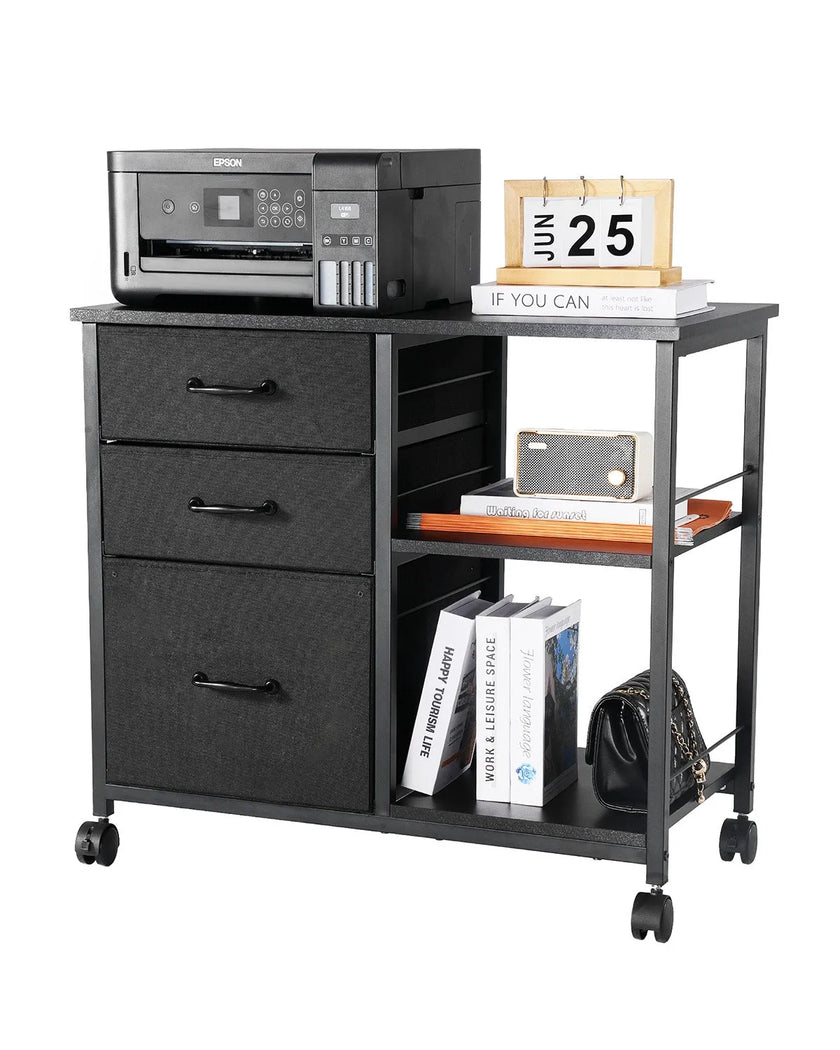 VEVOR Mobile Metal File Cabinet with 3 Fabric Drawers and 2 Open Shelves Black