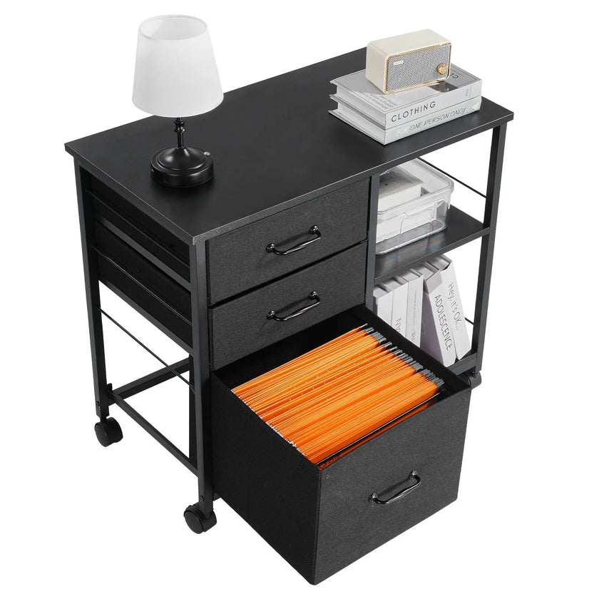 VEVOR Mobile Metal File Cabinet with 3 Fabric Drawers and 2 Open Shelves Black