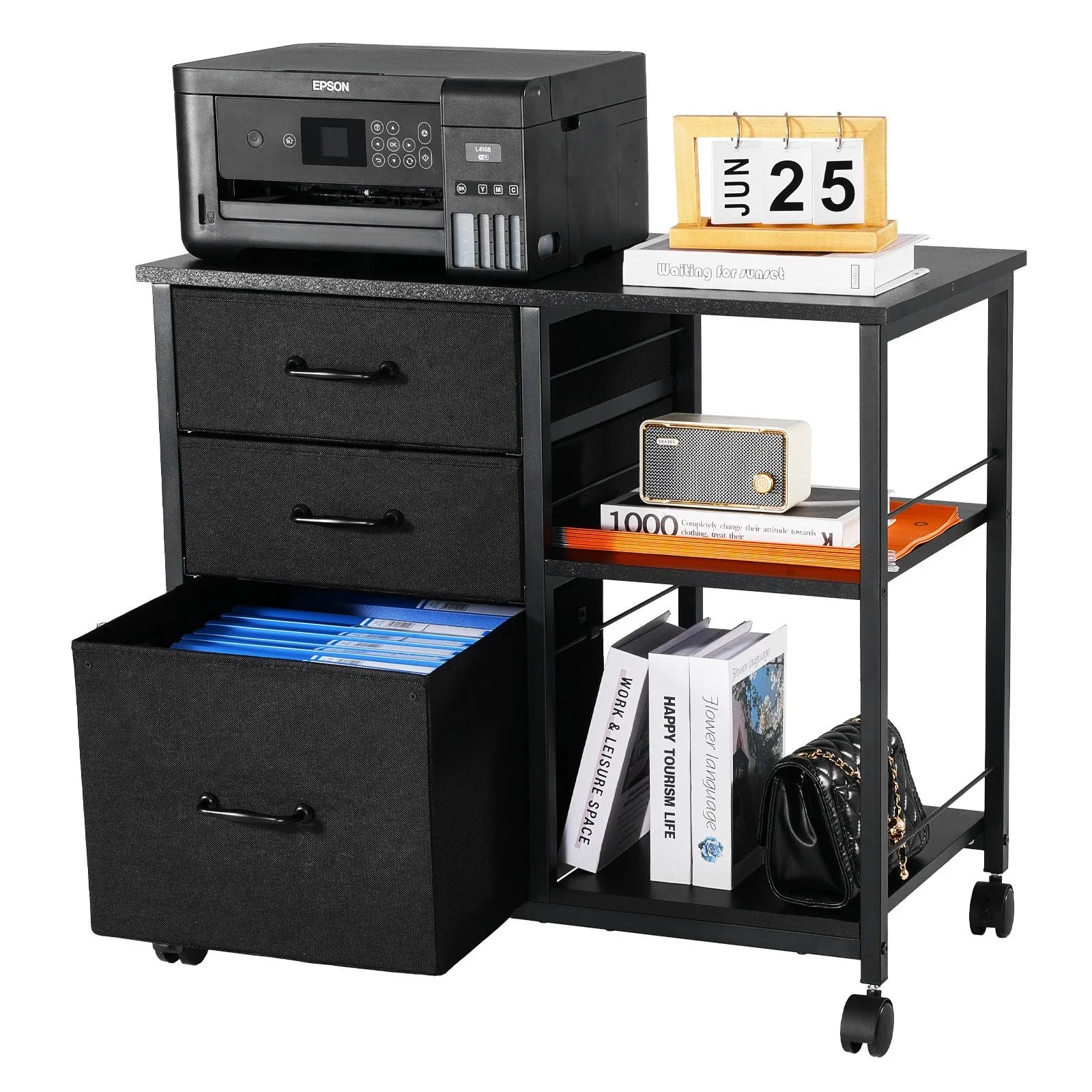 VEVOR Mobile Metal File Cabinet with 3 Fabric Drawers and 2 Open Shelves Black