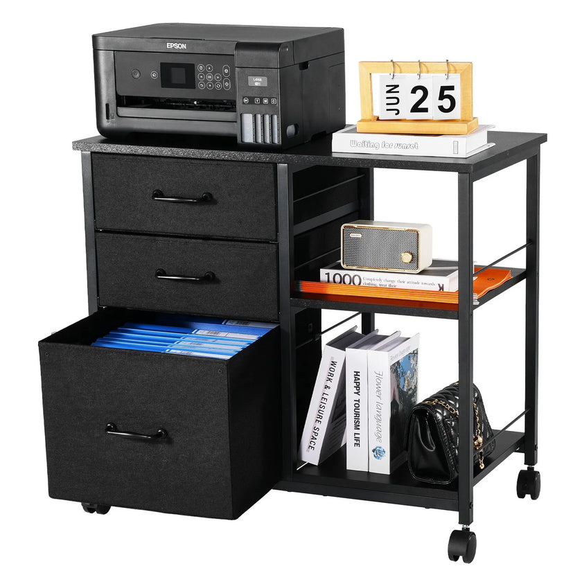 VEVOR Mobile Metal File Cabinet with 3 Fabric Drawers and 2 Open Shelves Black