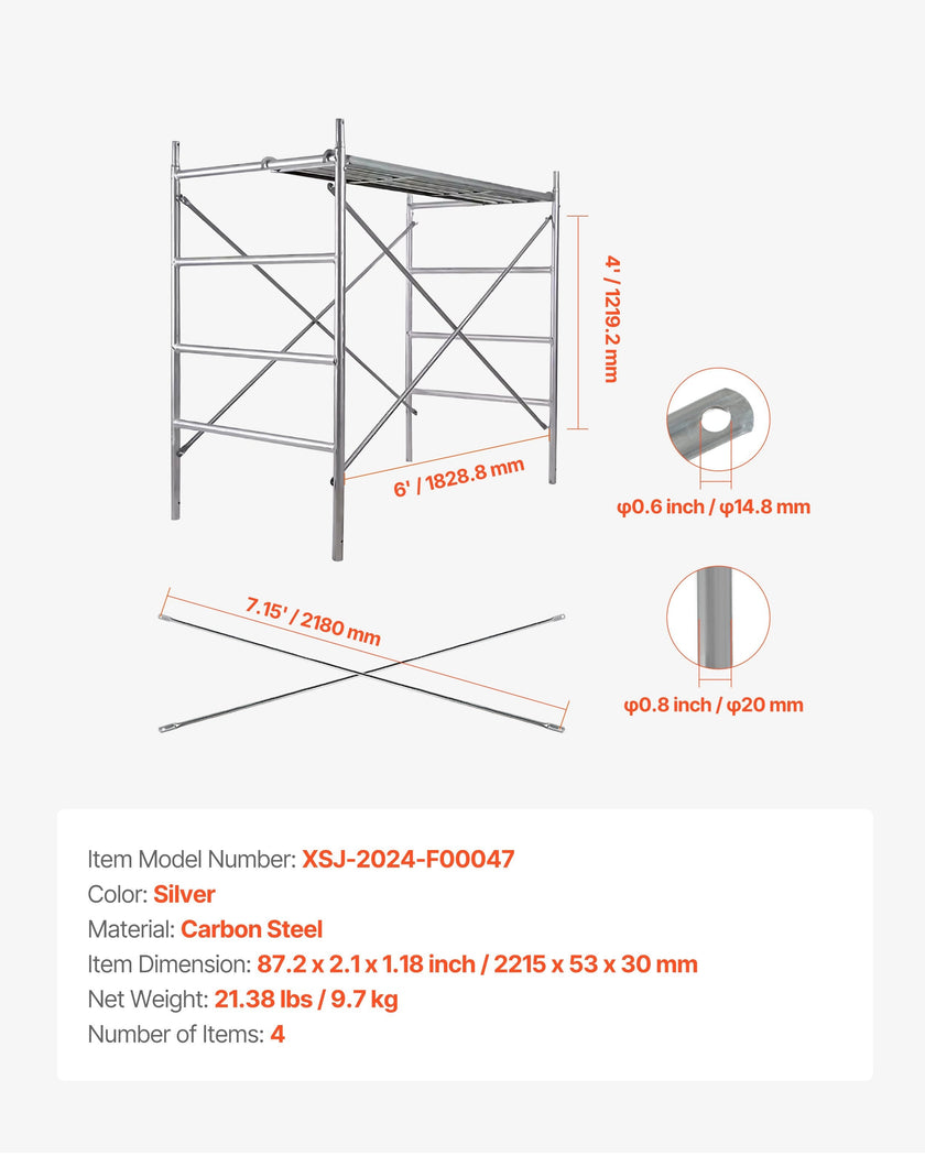 VEVOR Scaffolding Cross Brace 6ft x 4ft 4-Pack Solid Carbon Steel Cross Supports