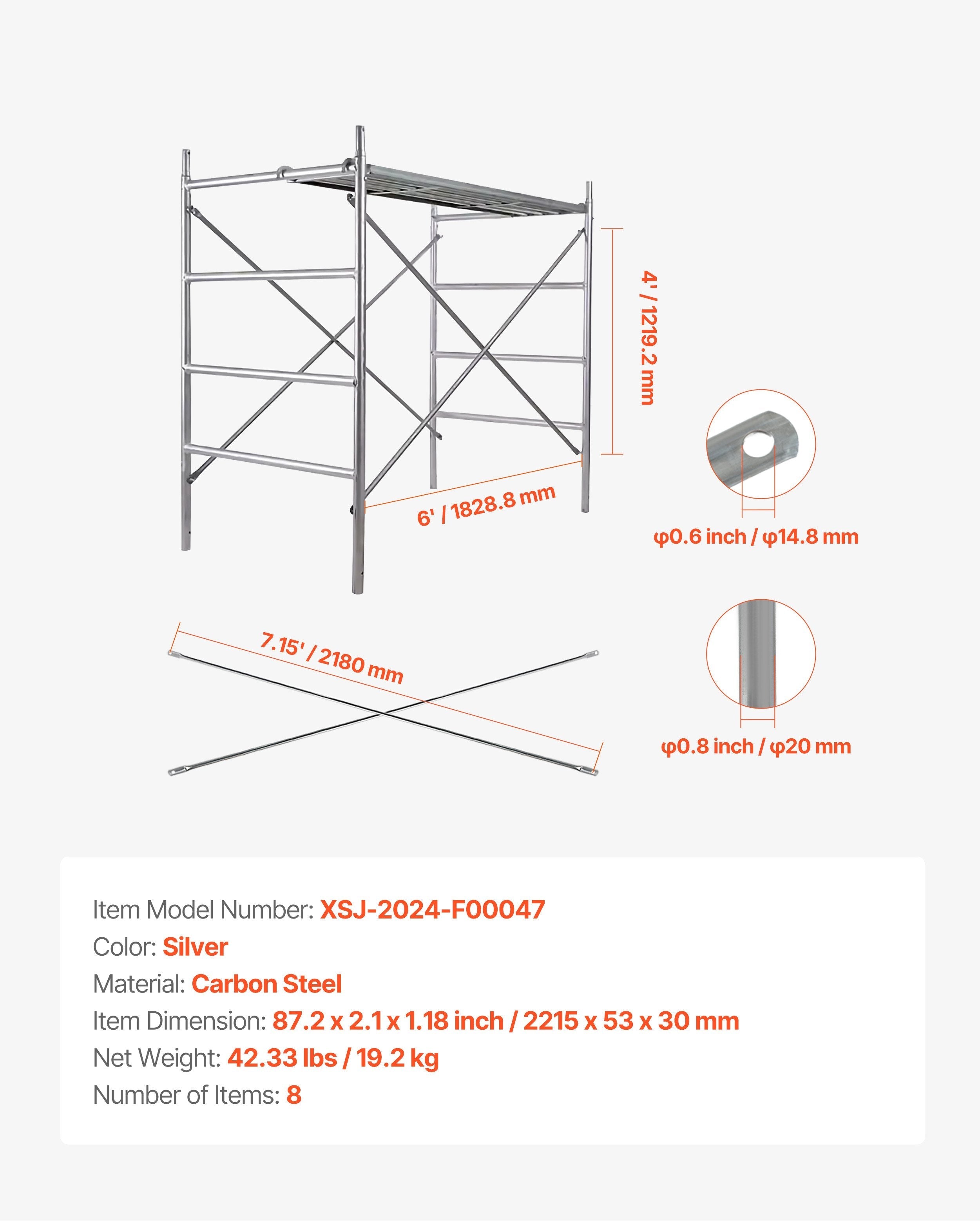 VEVOR Scaffolding Cross Brace 6ft x 4ft 8-Pack Solid Carbon Steel Cross Supports