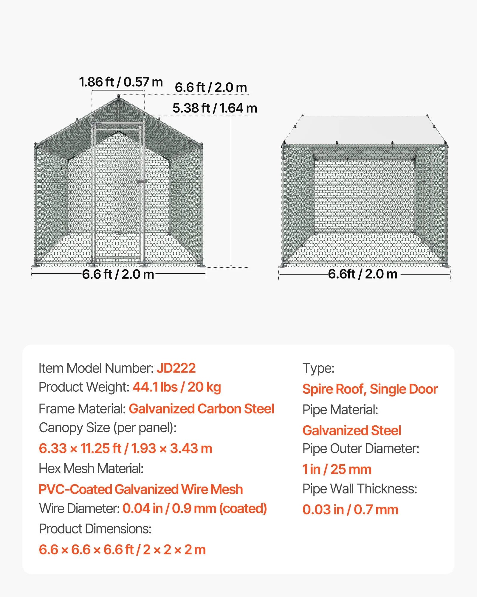 VEVOR Metal Chicken Coop 6.56x6.56x6.56ft Walk-in Chicken Run with Cover Spire Roof