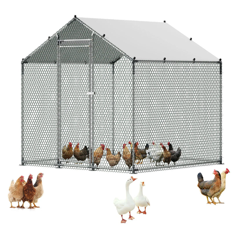 VEVOR Metal Chicken Coop 6.56x6.56x6.56ft Walk-in Chicken Run with Cover Spire Roof
