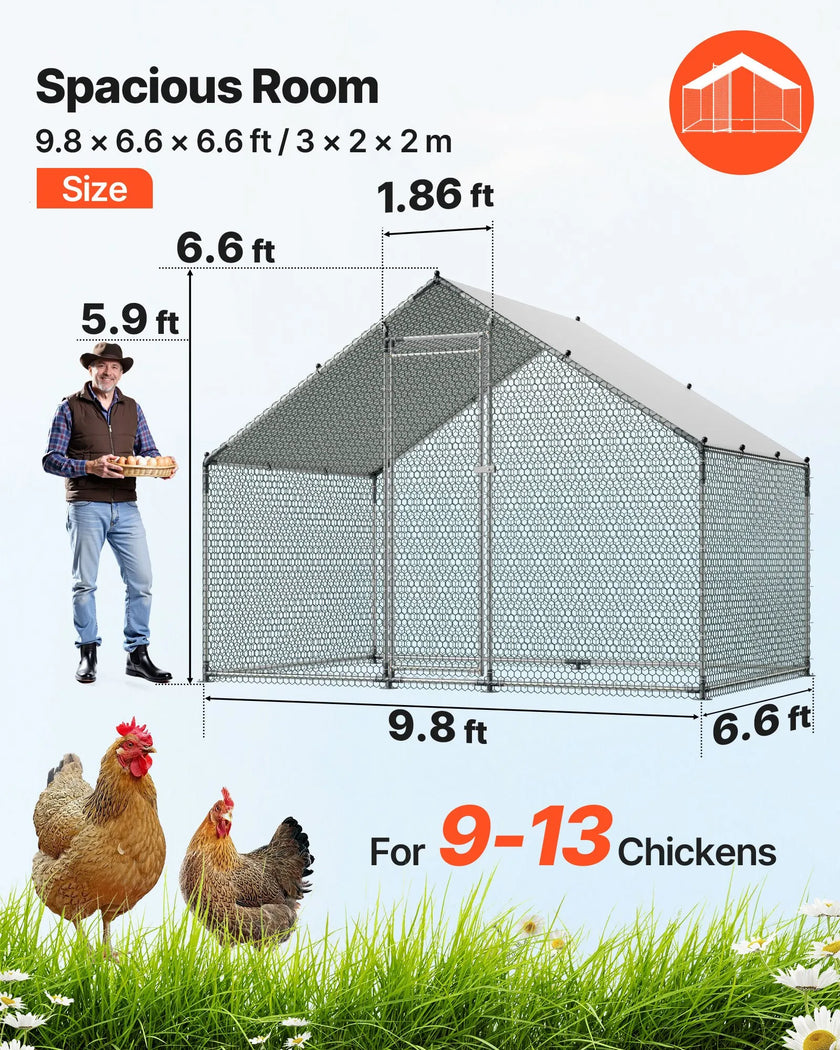 VEVOR Metal Chicken Coop 9.8x6.5x6.5ft Walk-in Chicken Run with Cover Spire Roof