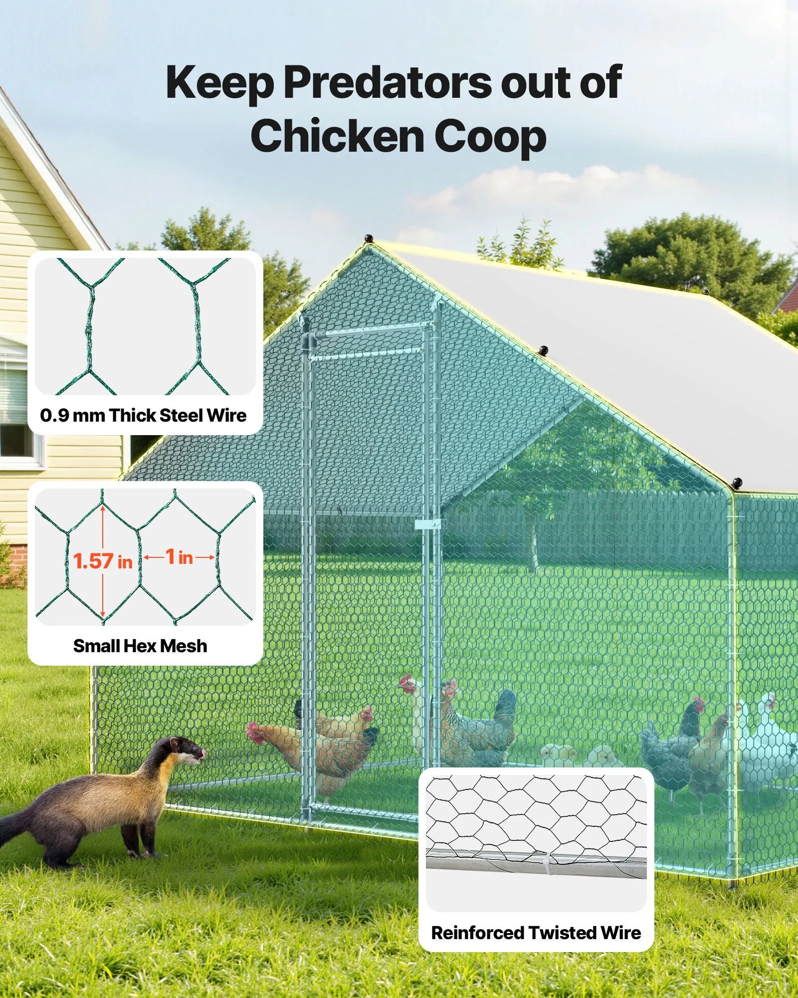 VEVOR Metal Chicken Coop 9.8x6.5x6.5ft Walk-in Chicken Run with Cover Spire Roof