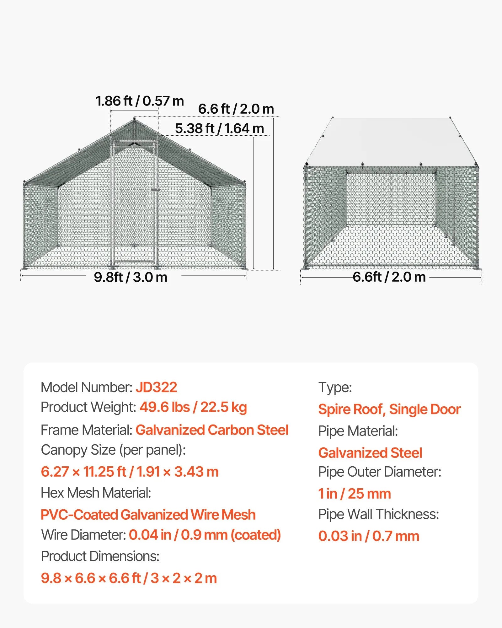 VEVOR Metal Chicken Coop 9.8x6.5x6.5ft Walk-in Chicken Run with Cover Spire Roof