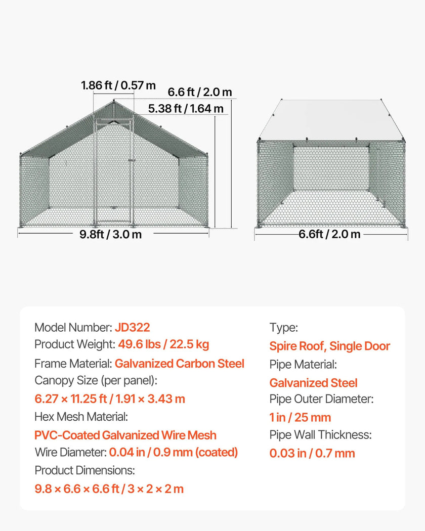 VEVOR Metal Chicken Coop 9.8x6.5x6.5ft Walk-in Chicken Run with Cover Spire Roof