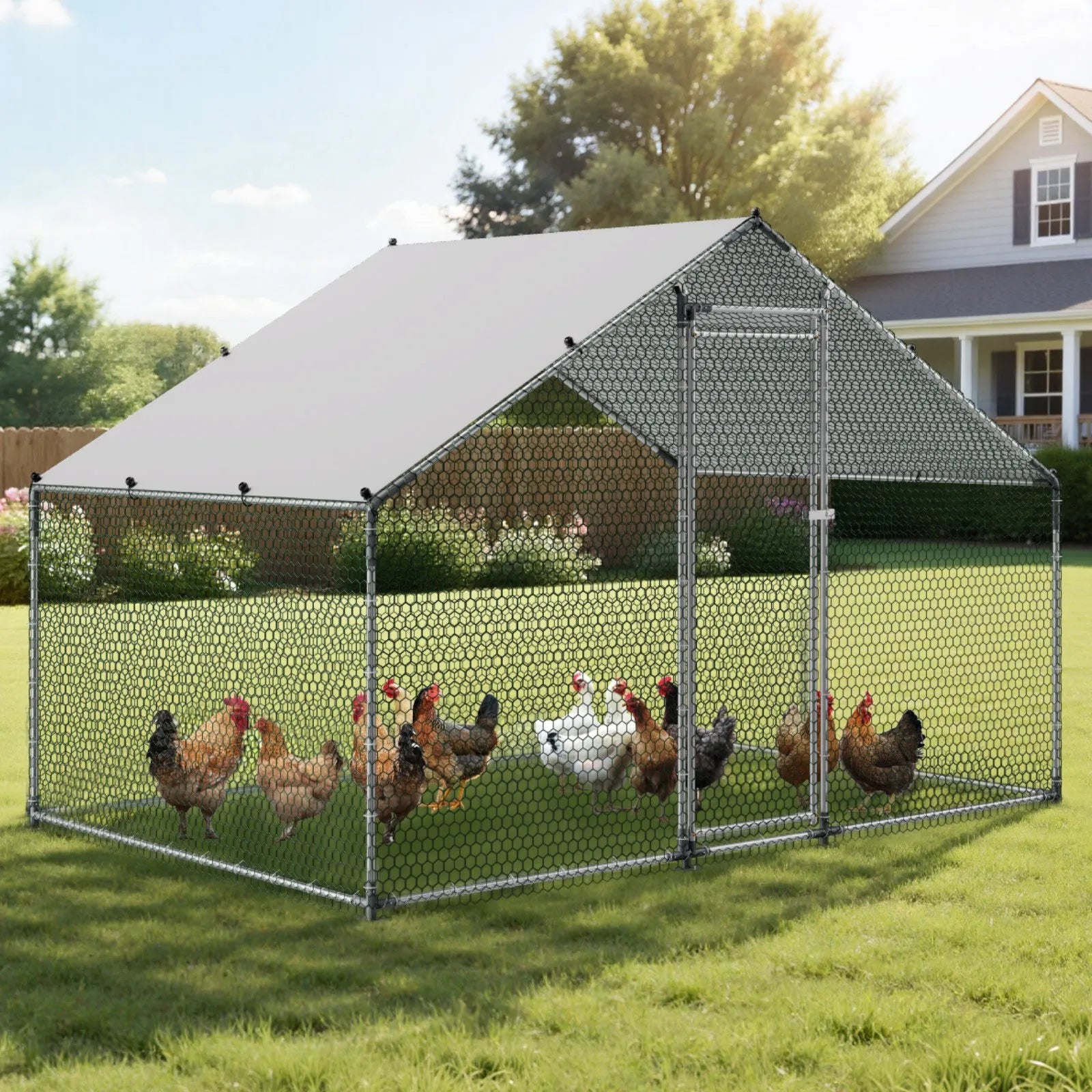 VEVOR Metal Chicken Coop 9.8x6.5x6.5ft Walk-in Chicken Run with Cover Spire Roof