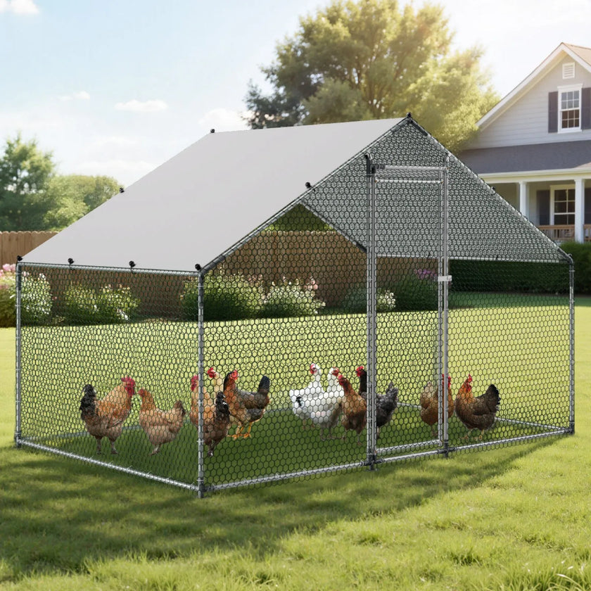 VEVOR Metal Chicken Coop 9.8x6.5x6.5ft Walk-in Chicken Run with Cover Spire Roof