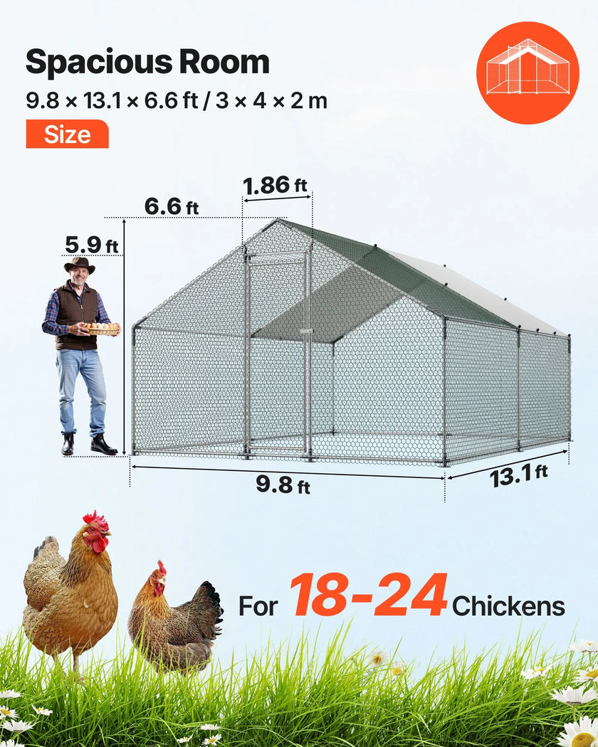 VEVOR Metal Chicken Coop 9.8x13.1x6.5 ft Walk-in Chicken Run with Cover Spire Roof