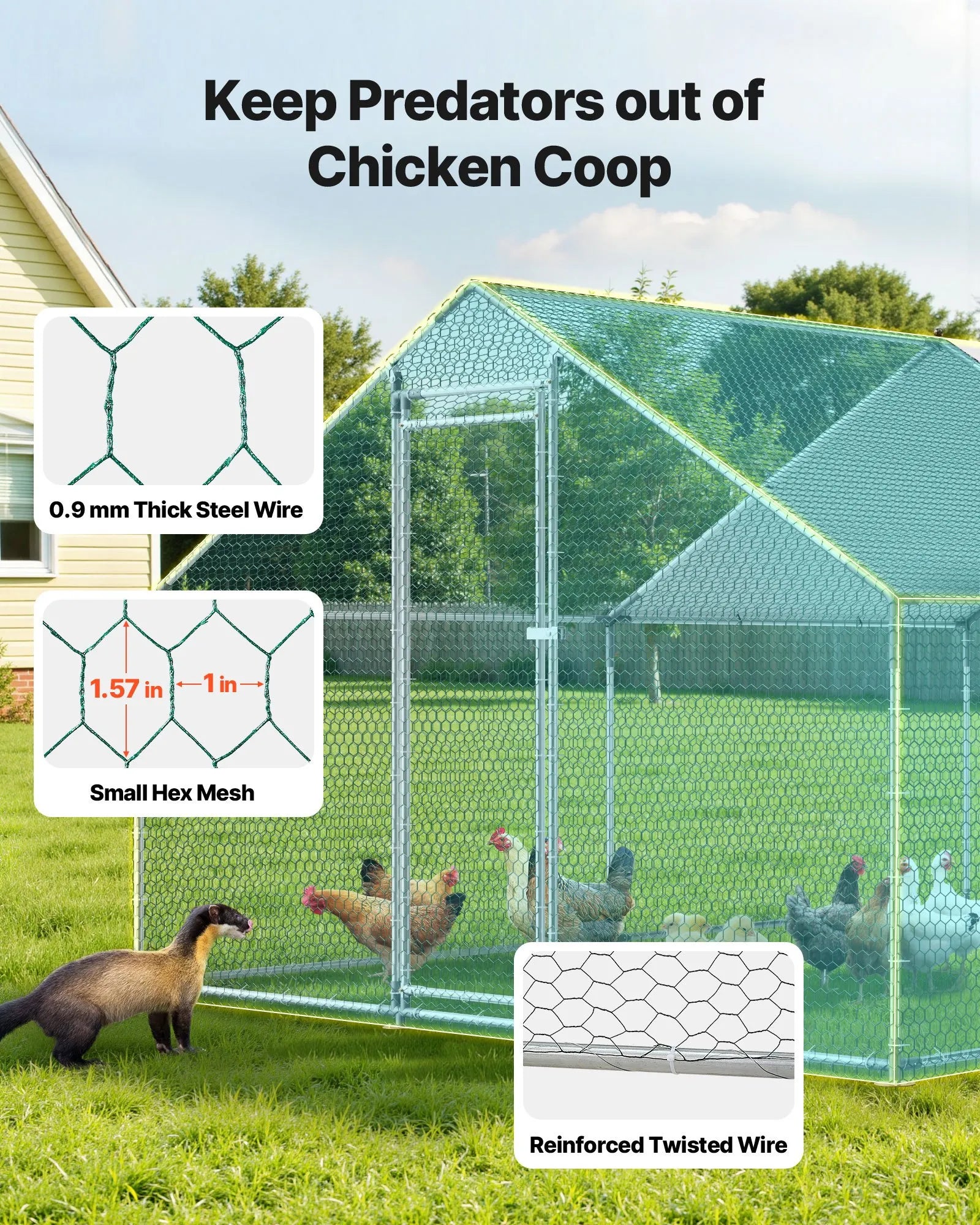 VEVOR Metal Chicken Coop 9.8x13.1x6.5 ft Walk-in Chicken Run with Cover Spire Roof