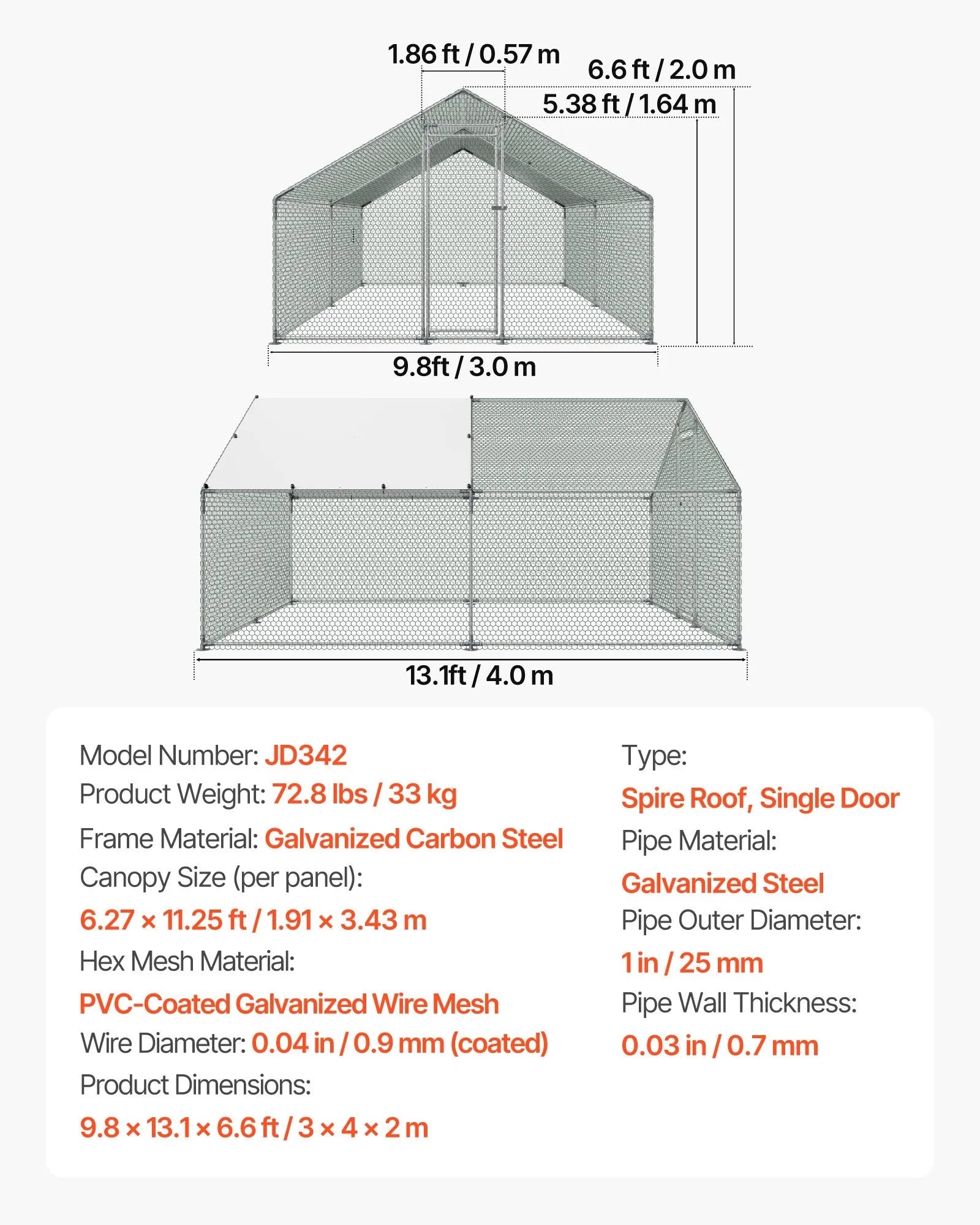VEVOR Metal Chicken Coop 9.8x13.1x6.5 ft Walk-in Chicken Run with Cover Spire Roof
