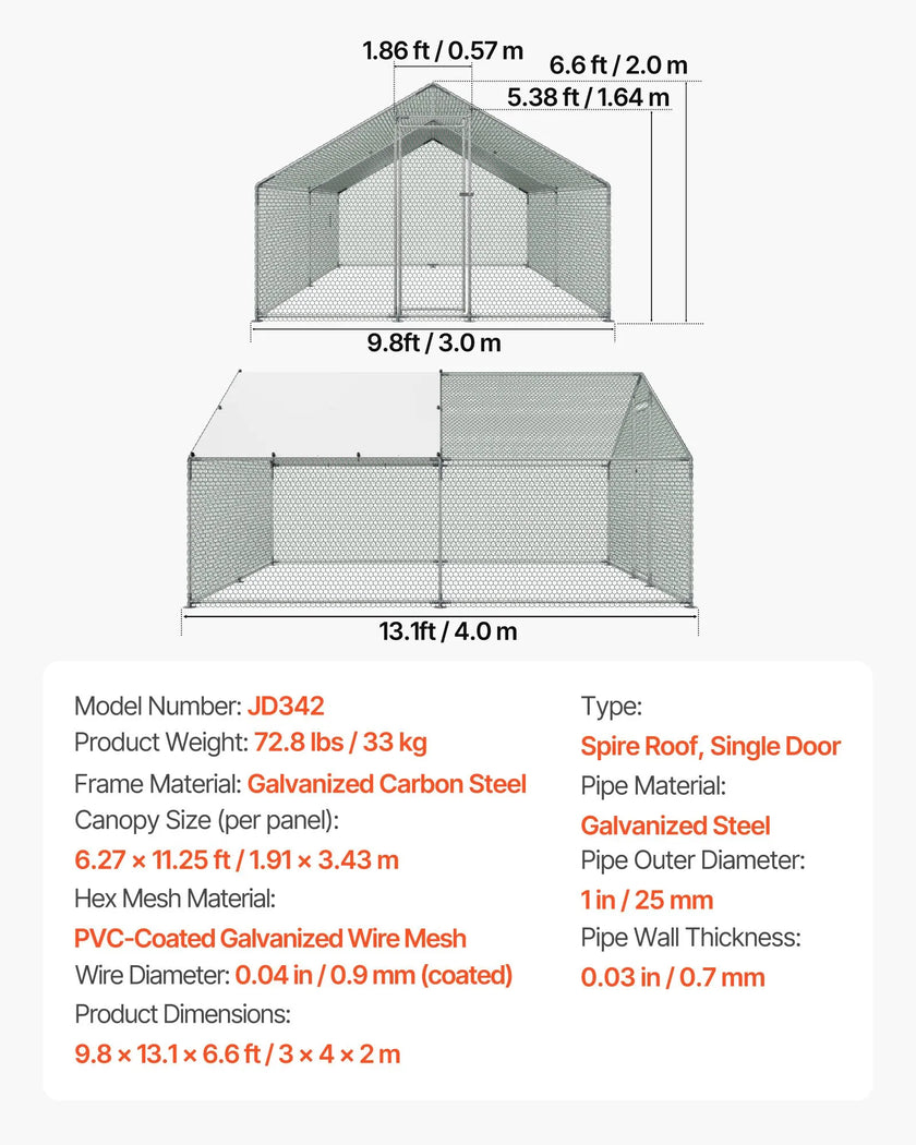 VEVOR Metal Chicken Coop 9.8x13.1x6.5 ft Walk-in Chicken Run with Cover Spire Roof