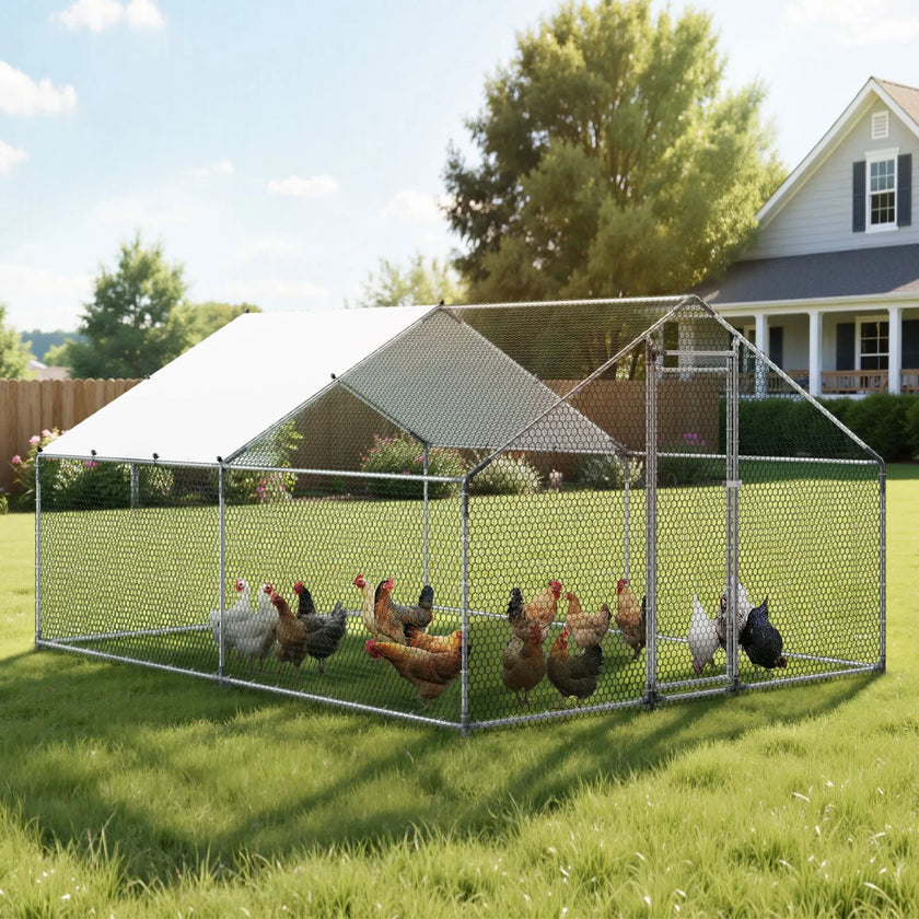 VEVOR Metal Chicken Coop 9.8x13.1x6.5 ft Walk-in Chicken Run with Cover Spire Roof
