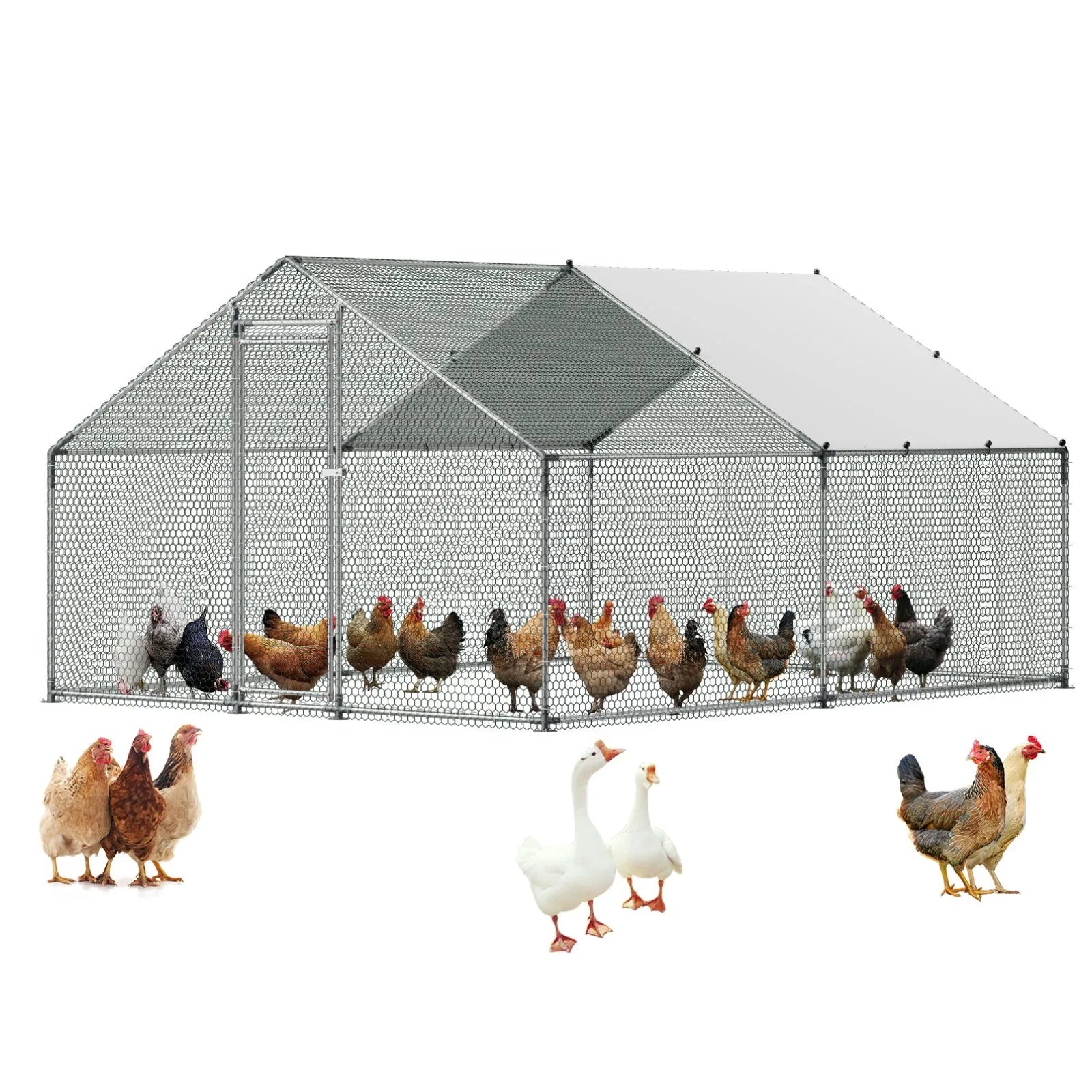 VEVOR Metal Chicken Coop 9.8x13.1x6.5 ft Walk-in Chicken Run with Cover Spire Roof