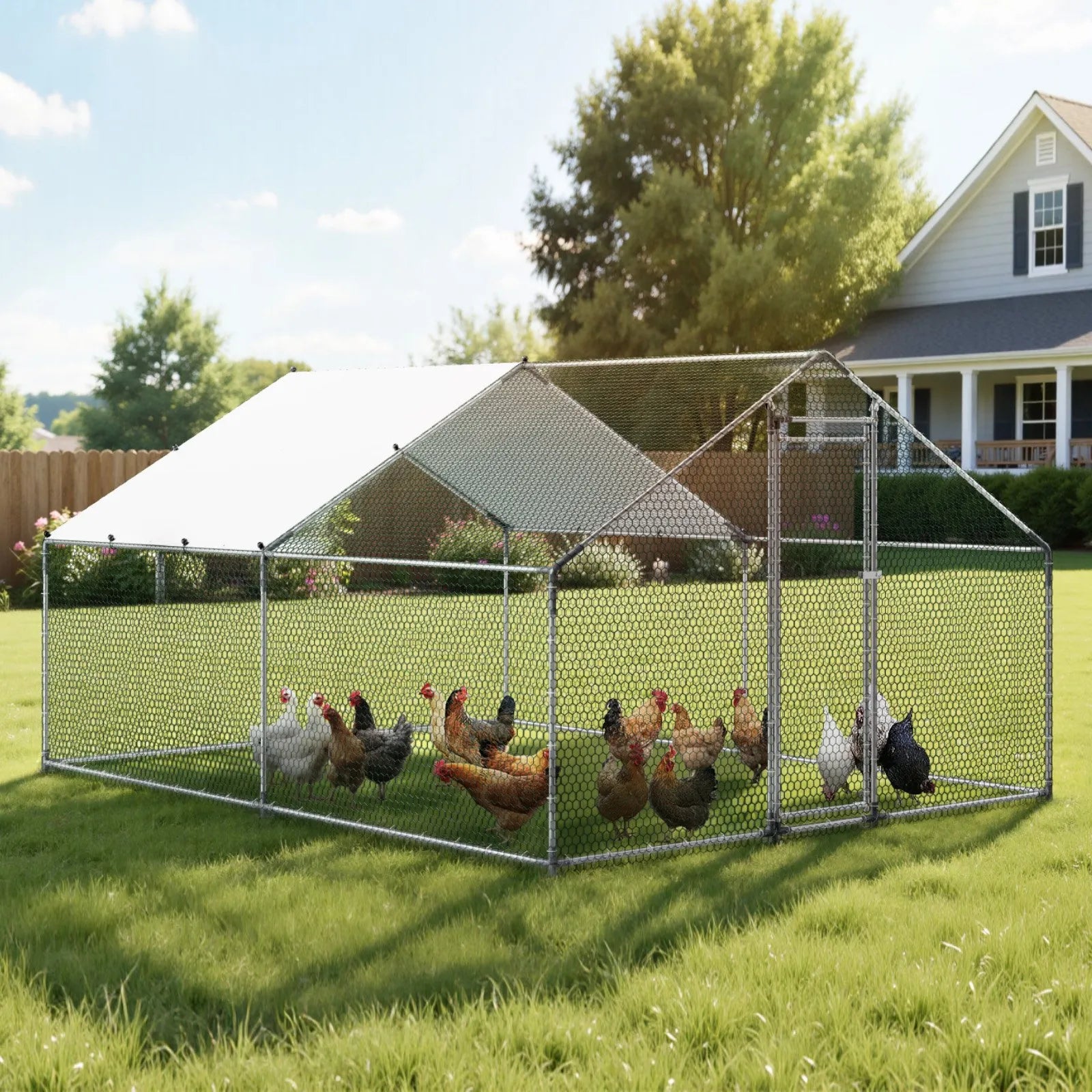 Large Walk-In Metal Chicken Coop with Waterproof Cover – 9.8 x 13.1 x 6.6 ft
