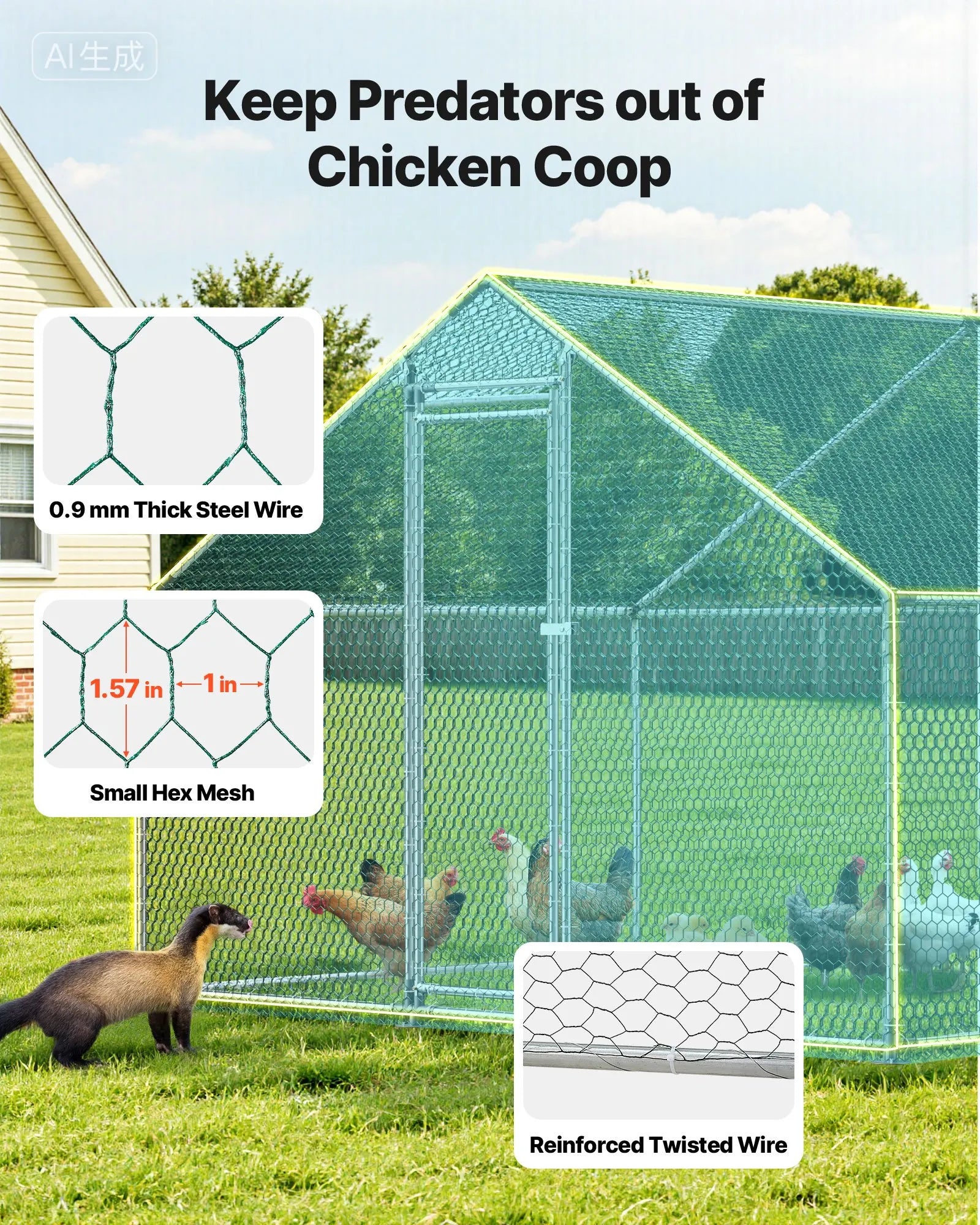 VEVOR Metal Chicken Coop 9.8x26.2x6.5 ft Walk-in Chicken Run with Cover Spire Roof
