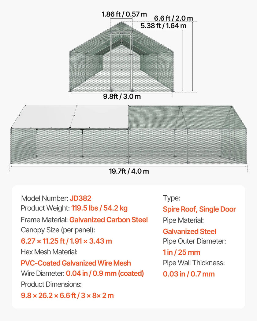 VEVOR Metal Chicken Coop 9.8x26.2x6.5 ft Walk-in Chicken Run with Cover Spire Roof