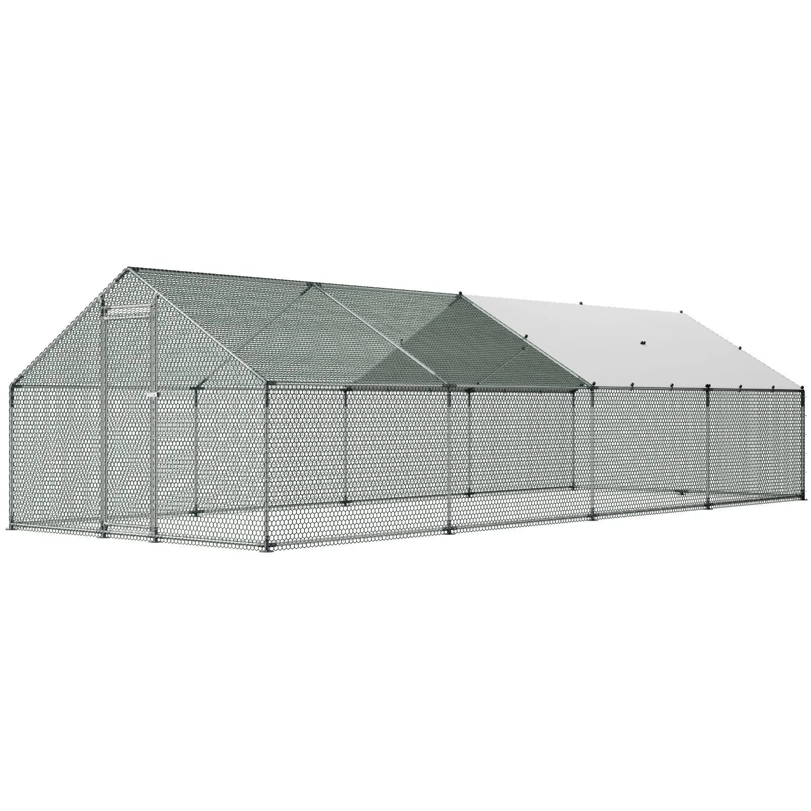 VEVOR Metal Chicken Coop 9.8x26.2x6.5 ft Walk-in Chicken Run with Cover Spire Roof