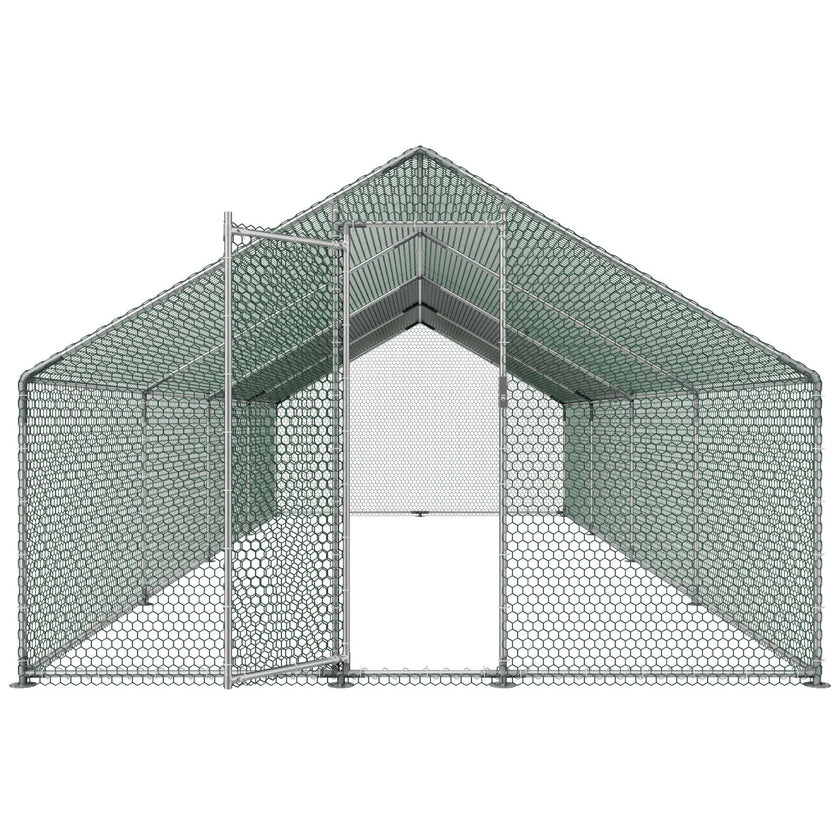 VEVOR Metal Chicken Coop 9.8x26.2x6.5 ft Walk-in Chicken Run with Cover Spire Roof