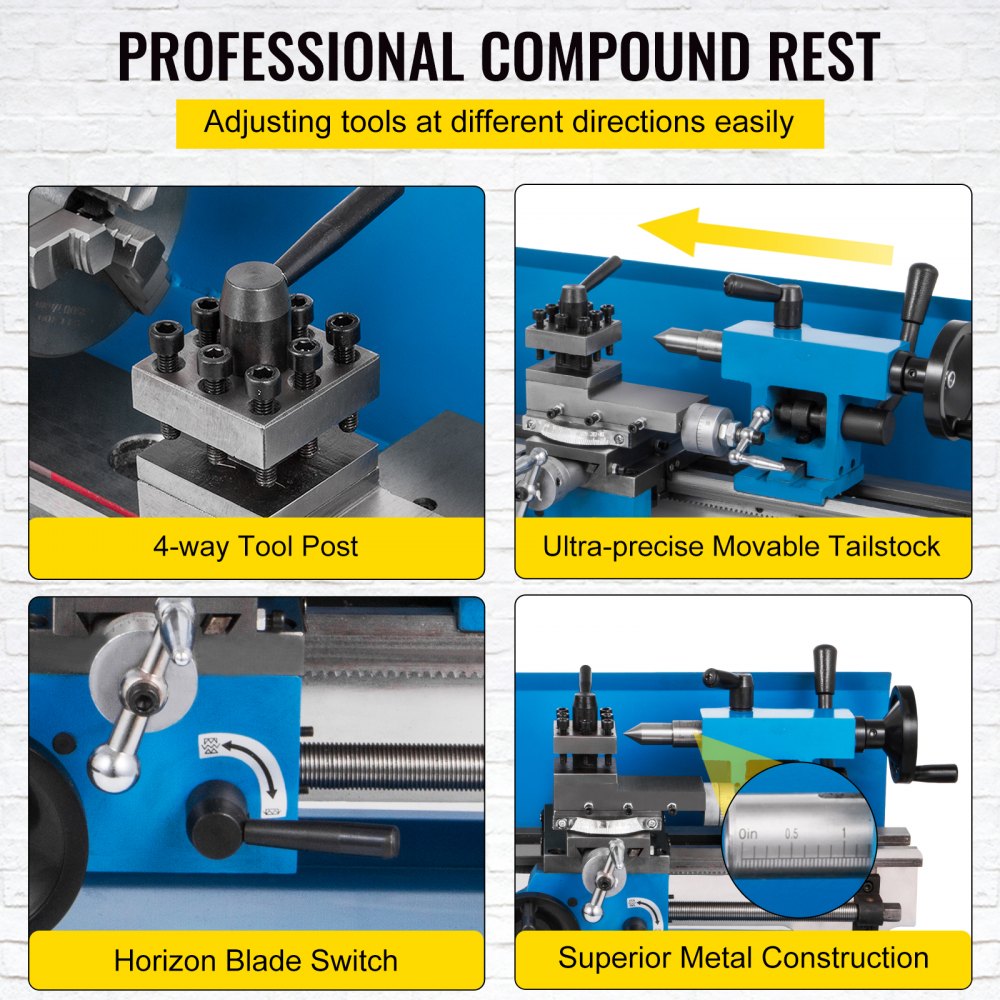 VEVOR Metal Lathe 7x14inch Precision Bench Top Mini Metal Lathe 550W Precision Metal Lathe Variable Speed 50-2500 RPM Nylon Gear with A Movable Lamp