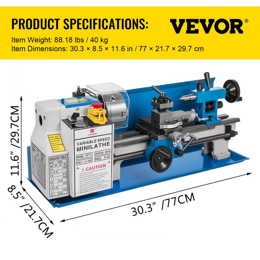 VEVOR Metal Lathe 7x14inch Precision Bench Top Mini Metal Lathe 550W Precision Metal Lathe Variable Speed 50-2500 RPM Nylon Gear with A Movable Lamp