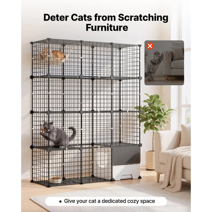4-Tier DIY Cat Cage, Large Indoor Cat Playpen with Litter Box Space, Metal Wire Enclosure for 1–2 Cats, Black