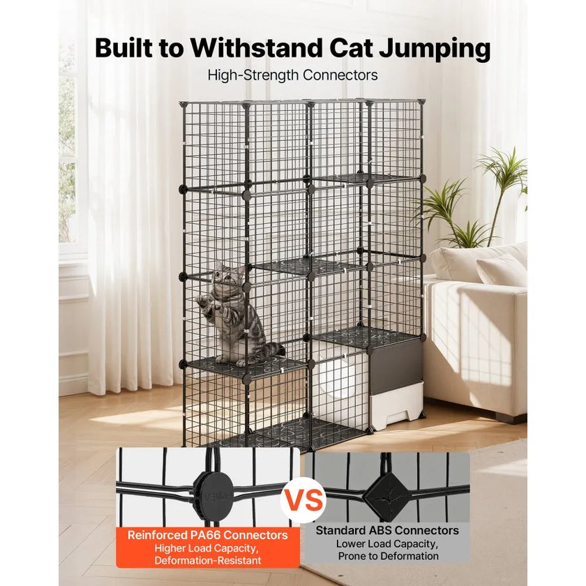 4-Tier DIY Cat Cage, Large Indoor Cat Playpen with Litter Box Space, Metal Wire Enclosure for 1–2 Cats, Black